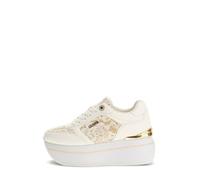 GUESS Chaussures de sport avec plateforme, dentelle florale, détail doré, couleur blanche, blanc, 38 EU