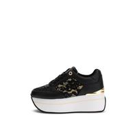 GUESS Chaussures de sport avec plateforme, dentelle noire et or, semelle blanche surélevée, Noir , 38 EU