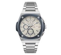 Guess Collection Y99023G1 Montre analogique en forme de coussin pour homme avec cadran beige et bracelet en acier inoxydable argenté résistant à l'eau