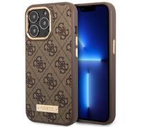 Guess Coque pour Apple iPhone 14 Pro Max PU 4G Metal Plate Marron