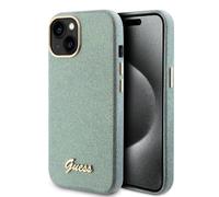 Guess Coque arrière pour iPhone 15 - Glitter Glossy Script - Khaki