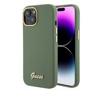 Guess Coque de protection arrière pour iPhone 15 - Logo script métal et cadre - Coque pour Apple iPhone 15 Original Guess (Kaki)