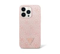 Guess Coque de Protection en Cuir PU 4G Triangle Strass pour iPhone 16 Pro (Rose)