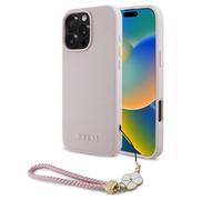 Guess Coque Grained MagSafe avec Flower Charm Strap pour Apple iPhone 16 Pro Max - Rose