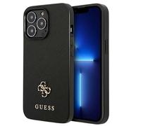 Guess Coque pour iPhone 13 Pro Antichocs Effet Saffiano avec Logo 4G Métal Noir