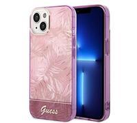Guess Coque pour iPhone 14 Plus en Feuilles Roses IML Anti-Rayures PC TPU Coque Rigide Confortable et Durable avec Ports accessibles, Absorption des Chocs et Logo Signature