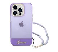 Guess Coque pour iPhone 14 Pro Violet Translucide avec sangle, anti-rayures PC/TPU, coque rigide confortable et durable avec ports accessibles, absorption des chocs et logo signature