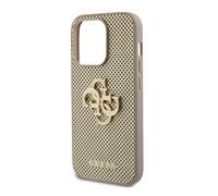 Coque pour iPhone 15 Pro Perforée avec Logo 4G en Métal Pailleté Dorée
