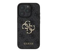 Guess Coque pour iPhone 16 Pro avec Monogramme et Logo 4G en Métal Gris foncé