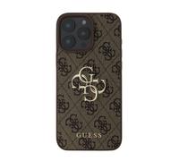 Guess Coque pour iPhone 16 Pro avec Monogramme et Logo 4G en Métal Marron foncé