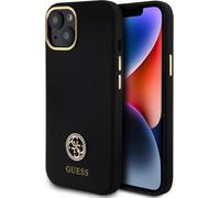 Guess Cover Liquid Silicone 4G Strass Metal Logo iPhone 15 Noir