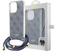 Guess Crossbody Cord 4G Print Housse pour iPhone 15 Pro Max - Bleu Étui pour téléphone portable