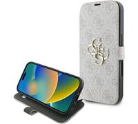 GUESS Étui à rabat pour téléphone portable iPhone 16 Pro Max Guess 4G Metal Logo, rose avec éléments dorés