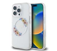Guess Étui de Protection Compatible avec mitiPhone 16 Pro Max - Compatible avec Les Fleurs Magsafe IML - Transparent
