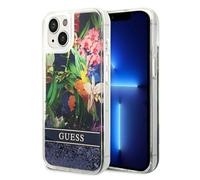 Guess Étui pour iPhone 14 6.1 bleu Flower Liquid Glitter