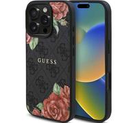 GUESS Étui pour téléphone portable iPhone 16 Pro Max, Guess Hardcase 4G Leather Flower Print Metal Logo MagSafe, noir