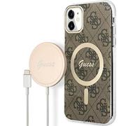 Guess GUBPN61H4EACSW Ensemble chargeur sans fil et étui pour iPhone 11 6,1 pouces Marron Hard MagSafe Compatible avec 4G Print