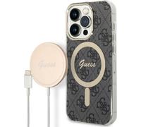 Guess GUBPP13XH4EACSK ensemble chargeur sans fil et étui pour iPhone 13 Pro Max, noir, noir, rigide, compatible MagSafe, impression 4G