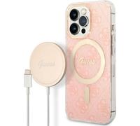 GUESS Bundle GUBPP13XH4EACSP Coque et Chargeur iPhone 13 Pro Max Coque Rigide Rose Impression 4G