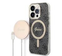 Guess GUBPP14LH4EACSK Kit chargeur sans fil et étui pour iPhone 14 Pro 6,1 pouces Noir solide MagSafe 4G Compatible avec l'impression