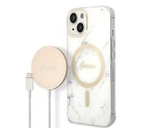 Guess GUBPP14MHMEACSH Kit chargeur sans fil et étui pour iPhone 14 Plus 6,7 pouces, blanc, solide, compatible MagSafe, marbre