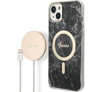 Guess GUBPP14SHMEACSK Kit chargeur sans fil et étui pour iPhone 14 6.1 pouces, noir, noir, solide, compatible MagSafe, marbre