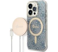 Guess GUBPP14XH4EACSB Kit chargeur sans fil et étui pour iPhone 14 Pro Max 6,7 pouces Bleu dur MagSafe compatible avec 4G Print