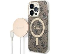 Guess GUBPP14XH4EACSW Kit chargeur sans fil et étui pour iPhone 14 Pro Max 6,7 pouces, marron, marron, dur, compatible MagSafe, impression 4G