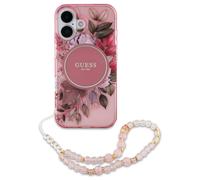 Guess Guess MagSafe IML Flowers Case avec beads strap iPhone 16 Pink Rose