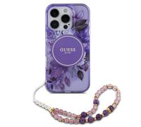 CG Mobile Guess HC Coque de téléphone conçue pour iPhone 16 Pro Max, Durable, résistante aux Chocs, Compatible avec Magsafe, IML Fleurs avec Bracelet perlé Violet