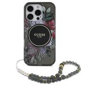 CG MOBILE Guess Magsafe IML Coque Rigide avec Motif Floral et Sangle perlée pour iPhone 16 Pro Max, Protection Contre Les Chutes, Coupe ajustée, découpes précises, Facile à Clipser, Noir
