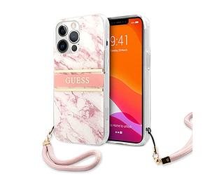 Guess GUHCP13LKMABPI Coque de Protection pour iPhone 13 Pro / 13 6,1" Collection de Sangles en marbre Rose