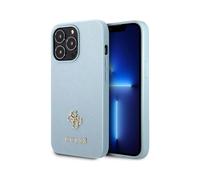 Guess GUHCP13LPS4MB Saffiano 4G Petit étui métal à logo, bleu - iPhone 13 / 13 Pro