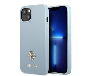 GUESS GUHCP13MPS4MB Coque Rigide pour iPhone 13 6,1" Bleu Saffiano 4G Petit Logo en métal
