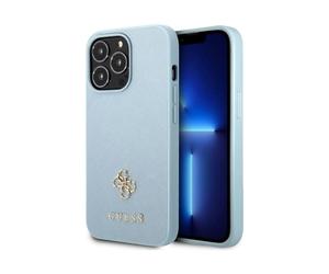 Guess GUHCP13XPS4MB Saffiano 4G Petit étui métal à logo, bleu - iPhone 13 Pro Max