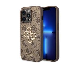 Guess GUHCP15L4GMGBR Coque pour iPhone 15 Pro 6,1" Marron Rigide 4G Logo Big Metal