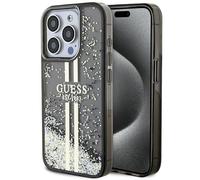 Guess GUHCP15LLFCSEGK Coque pour iPhone 15 Pro 6,1" Noir Coque Rigide Liquide Paillettes Rayures Dorées