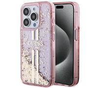 Guess Coque pour iPhone 15 Pro 6,1" – Rigide liquide paillettes dorées rayures – Rose