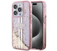 Guess GUHCP15LLFCSEGP Coque pour iPhone 15 Pro 6,1" Rose Coque Rigide Liquide Paillettes Or Rayures