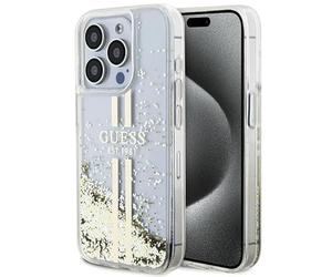 GUESS GUHCP15LLFCSEGT Coque pour iPhone 15 Pro 6,1" Transparente Rigide Liquide Paillettes Rayures Dorées