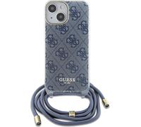 Guess GUHCP15SHC4SEB Coque pour iPhone 15/14/13 6,1" Bleu Étui Rigide bandoulière Cordon imprimé 4G