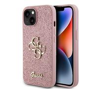 Guess GUHCP15SHG4SGP Coque pour iPhone 15 6,1" Coque Rigide Rose Paillettes Script Grand 4G
