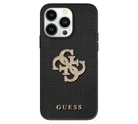 GUESS GUHCP15SPSP4LGK Coque pour iPhone 15 6,1" Noir Étui Rigide en Cuir perforé 4G avec Logo pailleté