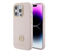 Guess GUHCP15XM4DGPP Coque pour iPhone 15 Pro Max 6,7" Rose Coque Rigide en Silicone avec Logo Strass 4G