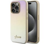 Guess GUHCP15XPSAIRSD Coque pour iPhone 15 Pro Max 6,7 Pouces Doré Coque Rigide Saffiano Irisé Script