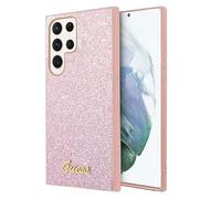 Guess GUHCS24LHGGSHP Coque Rigide pour S24 Ultra S928 Script Paillettes Rose