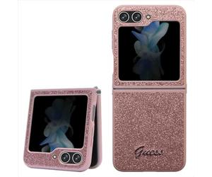 Guess GUHCZF5HGGSHP F731 Coque Rigide pour Z Flip5 Rose Paillettes Script