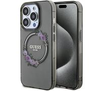 Guess GUHMP15LHFWFCK Coque pour iPhone 15 Pro 6,1" Noir Coque Rigide IML Fleurs Wreatch