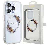 Guess Housse Fleurs Ring Logo Glossy MagSafe iPhone 15 Pro Transparent