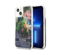 Guess Housse iPhone 13, Bleu - Liquid Glitter Flower